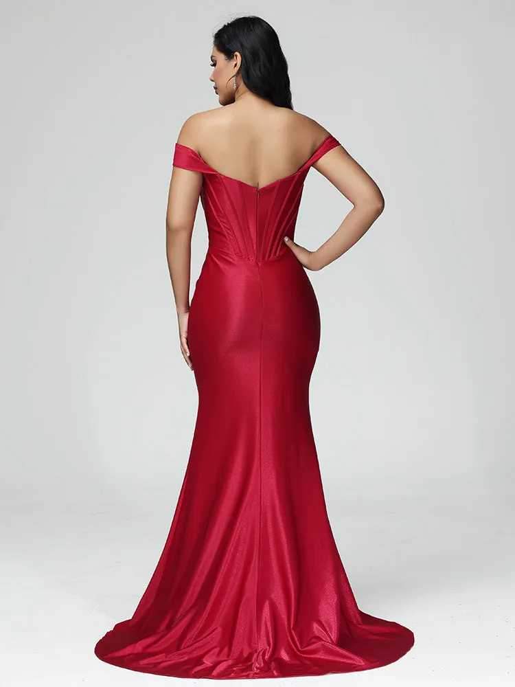 Off-Shoulder Evening Dress Satin Stretch Silky Pleated with Sweep Train in RED